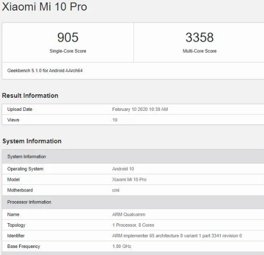 ​小米10 Pro Geekbench上市重申了Snapdragon 865 8GB RAM和Android 10