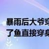 暴雨后大爷穿了一身鱼满载而归：用渔网装满了鱼直接穿身上