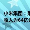 小米集团：第二季度智能电动汽车等创新业务收入为64亿元